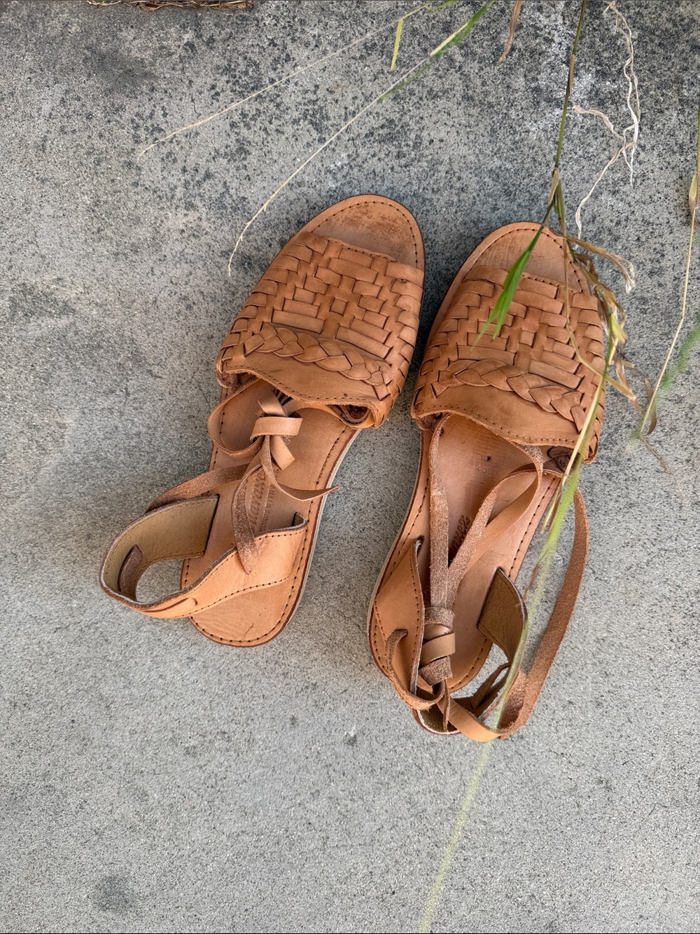 Woven Leather Ankle Tie Sandals - Tan